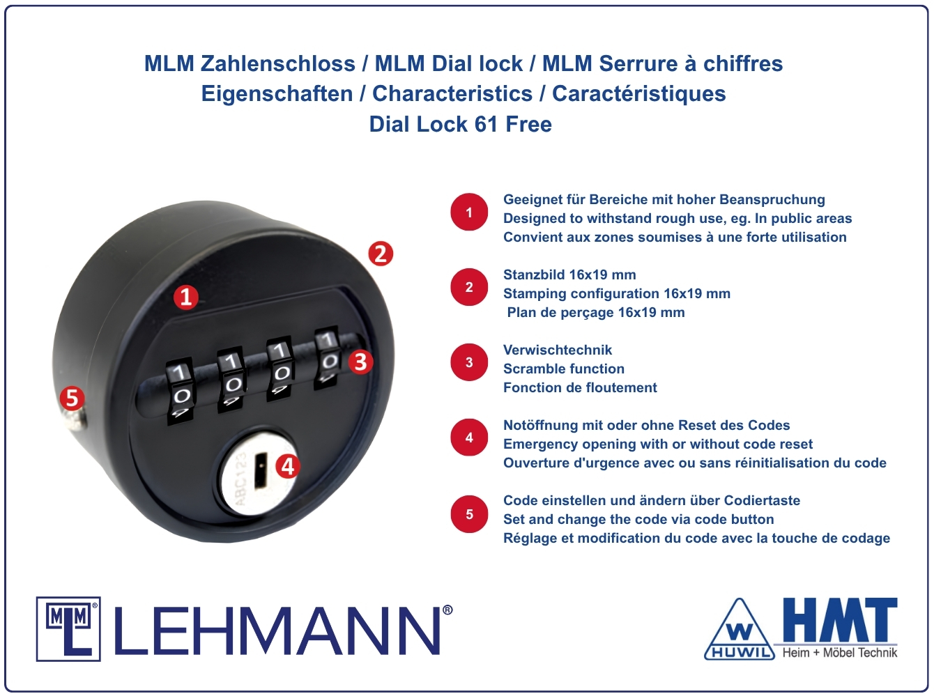 MLM Schloss Typ 60 - Fix / Dial Lock 60 - für Riegel / rund