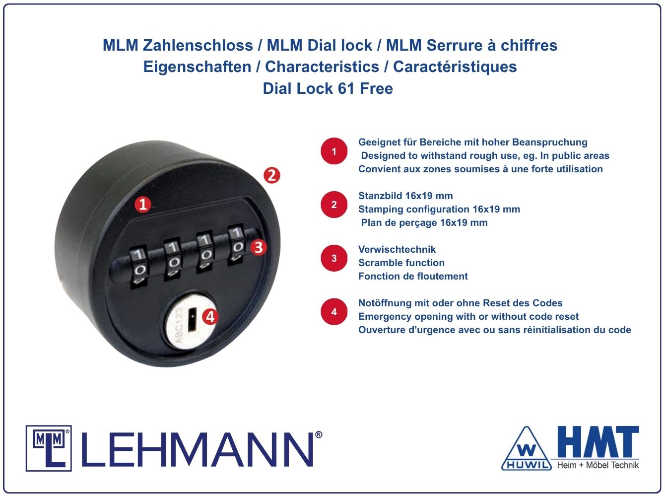 MLM Zahlenschloss Typ Dial Lock 61 Free - [G] / rs + ls / Z0001 / Schwarz